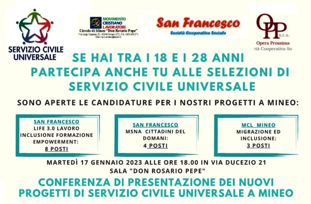 Mineo, martedì 17 gennaio, alle 18, in via Ducezio 21, Sala 'Don Rosario Pepe', conferenza di presentazione di alcuni Progetti di Servizio Civile Universale che si realizzeranno nella città menenina